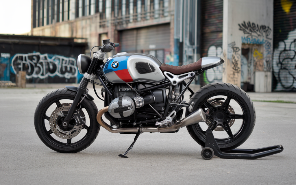 Moto BMW R Nine T stationnée sur une route panoramique