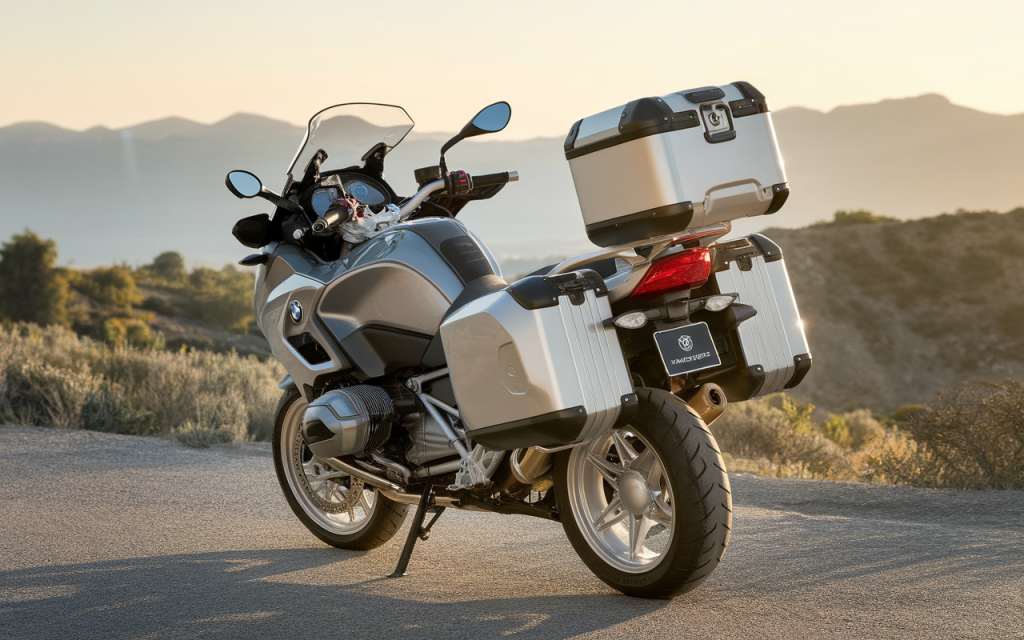 Moto BMW R1200RT stationnée sur une route de montagne