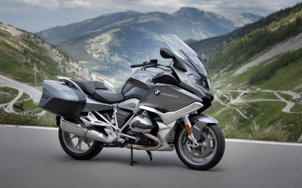Moto BMW R1200RT stationnée sur une route panoramique