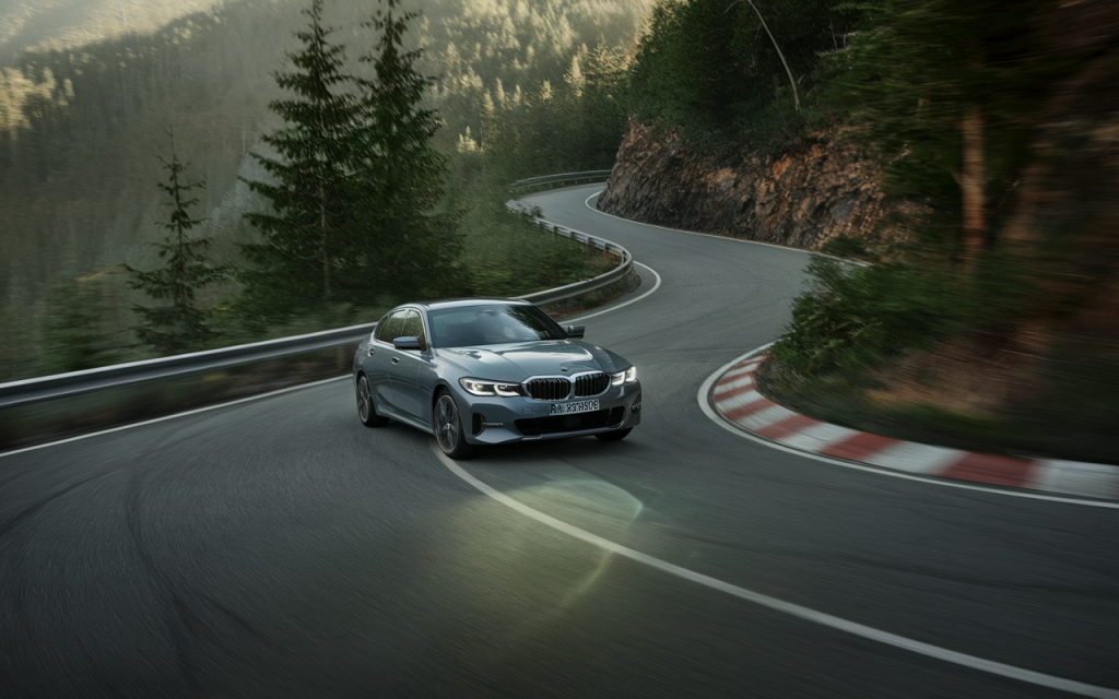 Vue latérale d'une BMW Série 3 moderne de couleur noire