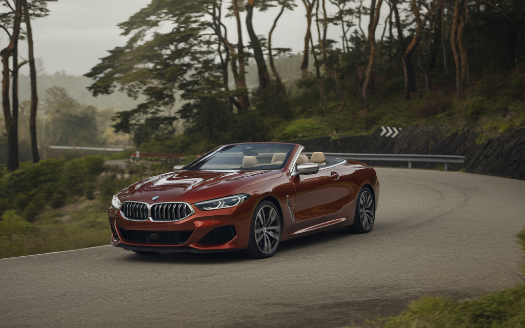 Vue latérale d'une BMW Série 8 Coupé de couleur noire sur une route de montagne