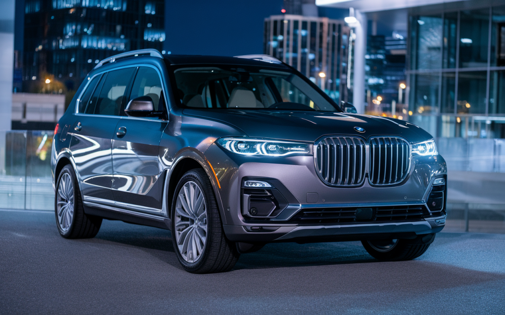 Vue latérale du SUV BMW X7 stationné sur une route de montagne