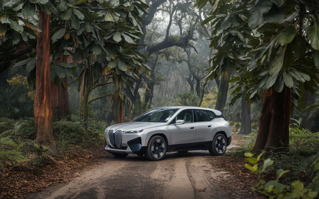 SUV BMW moderne roulant sur une route de montagne