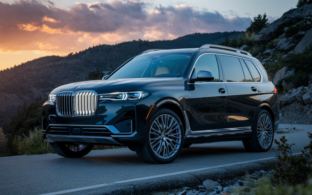 BMW X7 SUV noir stationné sur une route de montagne au coucher du soleil avec des jantes alliage de 23 pouces et calandre illuminée