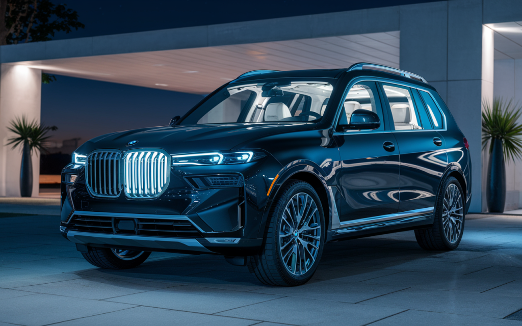Photo réaliste d’un SUV BMW X7 noir garé de nuit avec éclairage allumé
