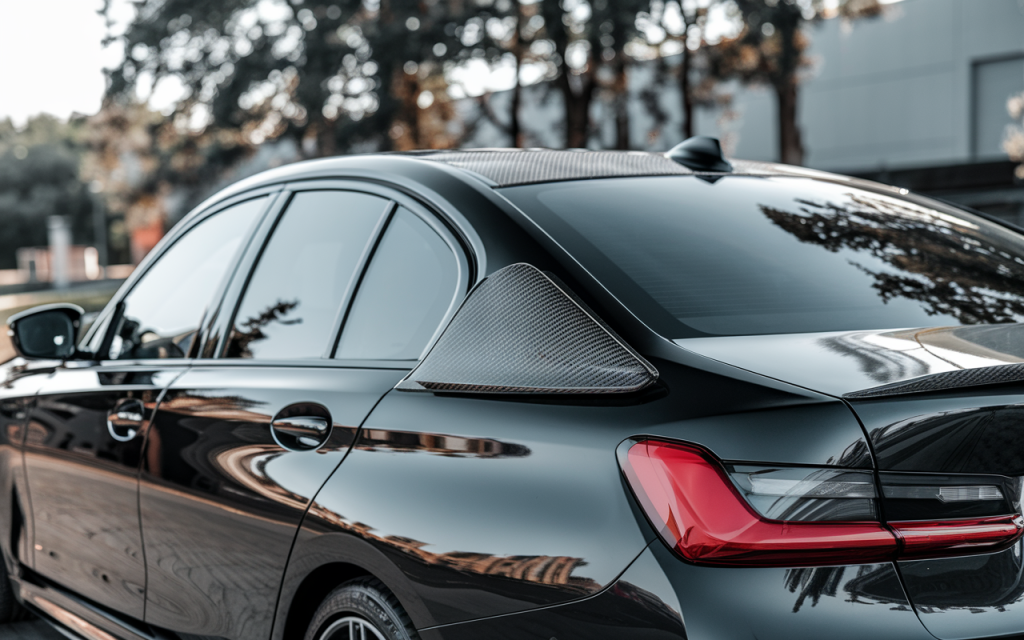 Photo professionnelle d'une BMW 3 Series noire avec toit en carbone