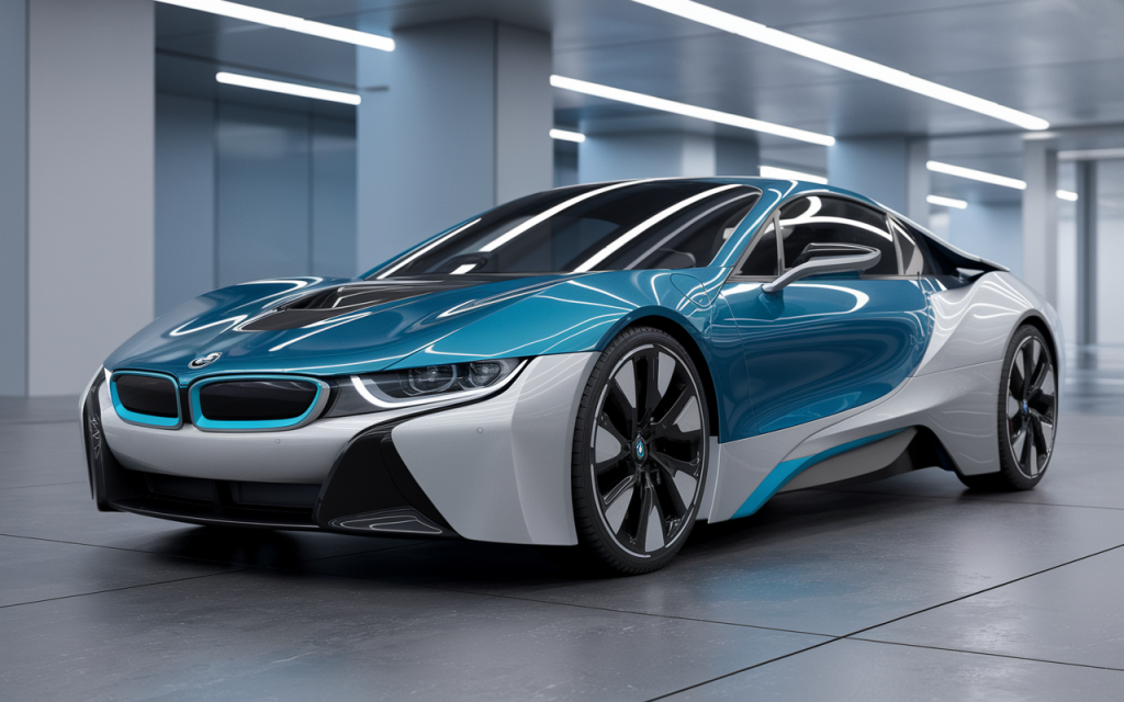 Voiture électrique BMW bleu et blanc dans un décor urbain futuriste