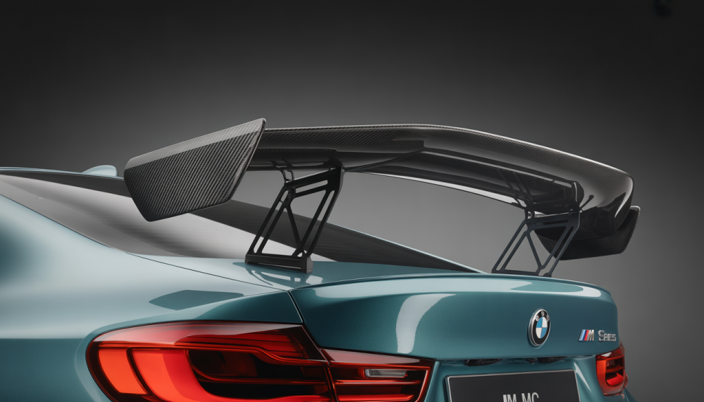 Carbon fiber racing spoiler on a sleek BMW M Series sports car under studio lighting