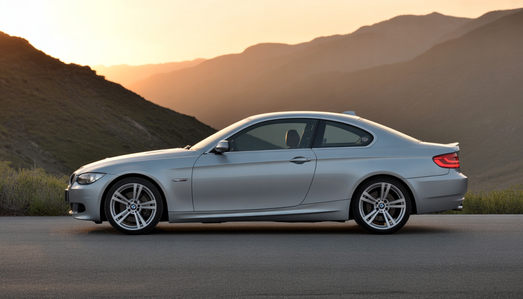 BMW E92 335i argentée garée sur une route de montagne au coucher du soleil