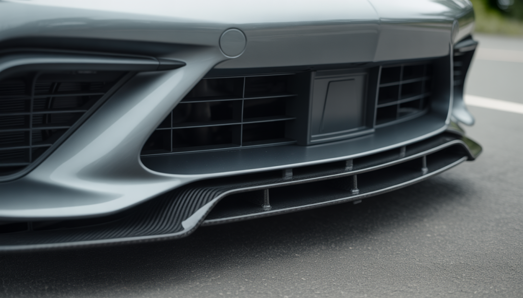 Matte carbon front splitter under sports car bumper