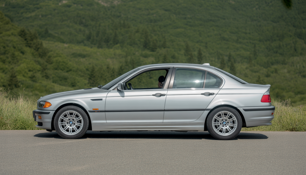 BMW Série 3 E46 argentée garée sur une route panoramique avec intérieur cuir visible