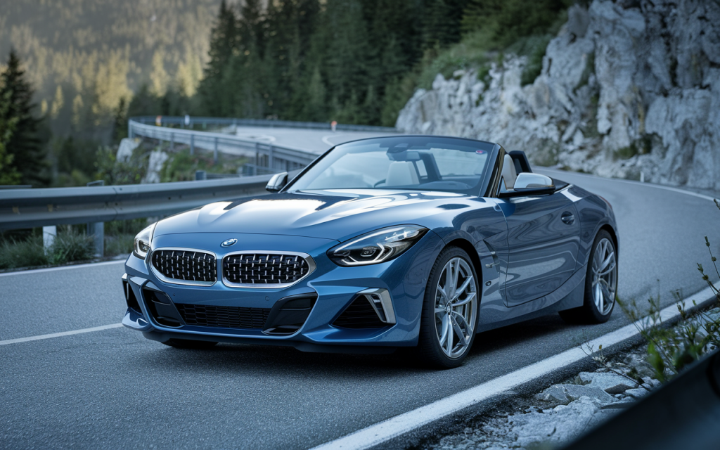BMW Z4 décapotable vue avant trois-quarts sur route de montagne avec forêt verdoyante en arrière-plan