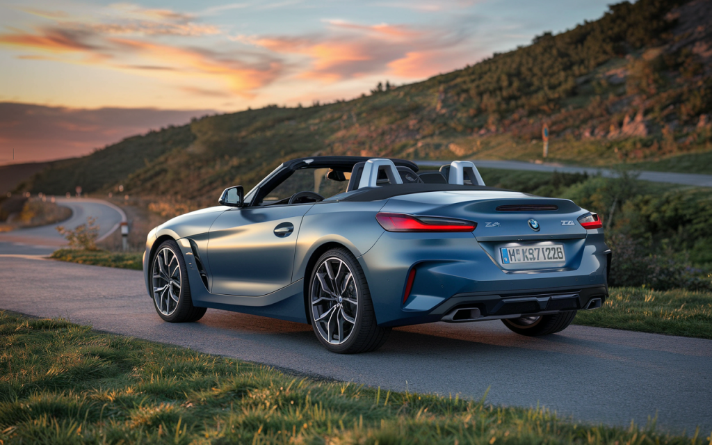 BMW Z4 Roadster décapoté stationné sur une route de montagne au coucher du soleil