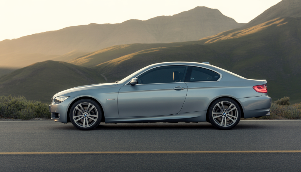BMW E92 335i garée sur une route de montagne au coucher du soleil