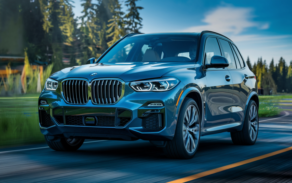 BMW X5 SUV photoréaliste roulant sur une route pittoresque