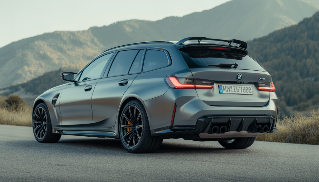 BMW M3 Touring avec aileron en fibre de carbone sur route panoramique