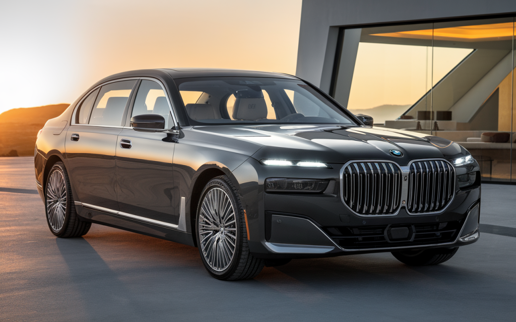 Vue de face d'une BMW Série 7 de luxe noire garée en extérieur