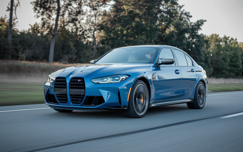 BMW M3 2025 bleue en mouvement sur une route bordée d’arbres