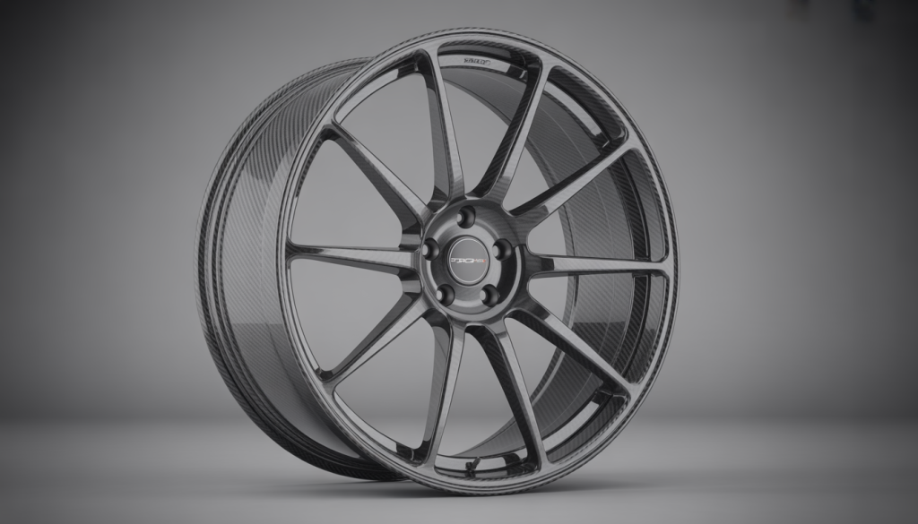 Studio photo of 19-inch graphite carbon fiber car wheel rims
