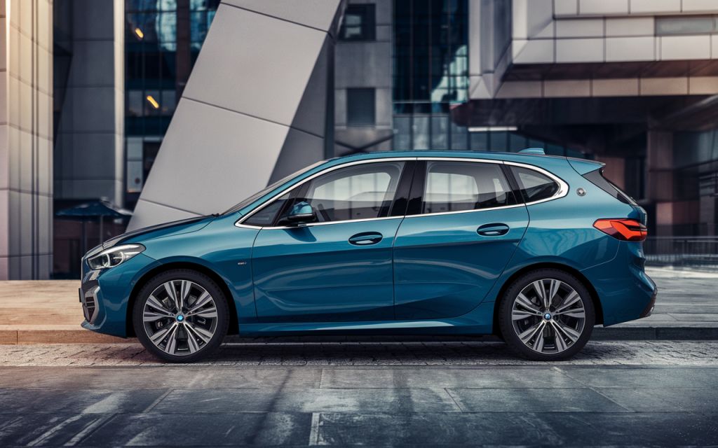 Vue latérale photoréaliste d'une BMW Série 2 Active Tourer bleue garée en ville