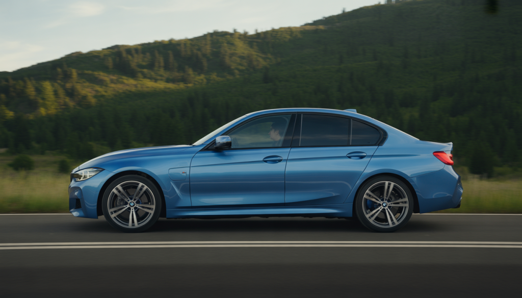BMW Série 3 F30 M Sport de profil sur une route à la lumière naturelle