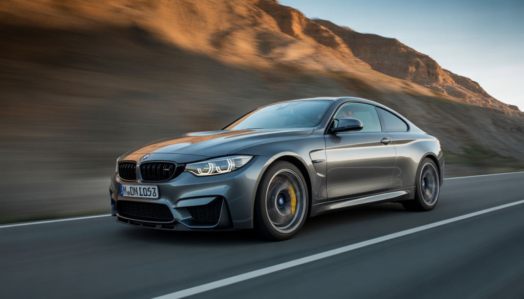 BMW F82 M4 coupé roulant sur une route de montagne à vive allure