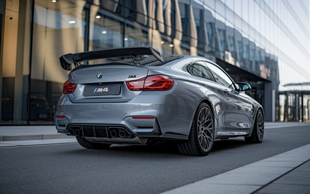 Photo professionnelle de l'arrière d'une BMW M4 avec aileron carbone devant un bâtiment en verre