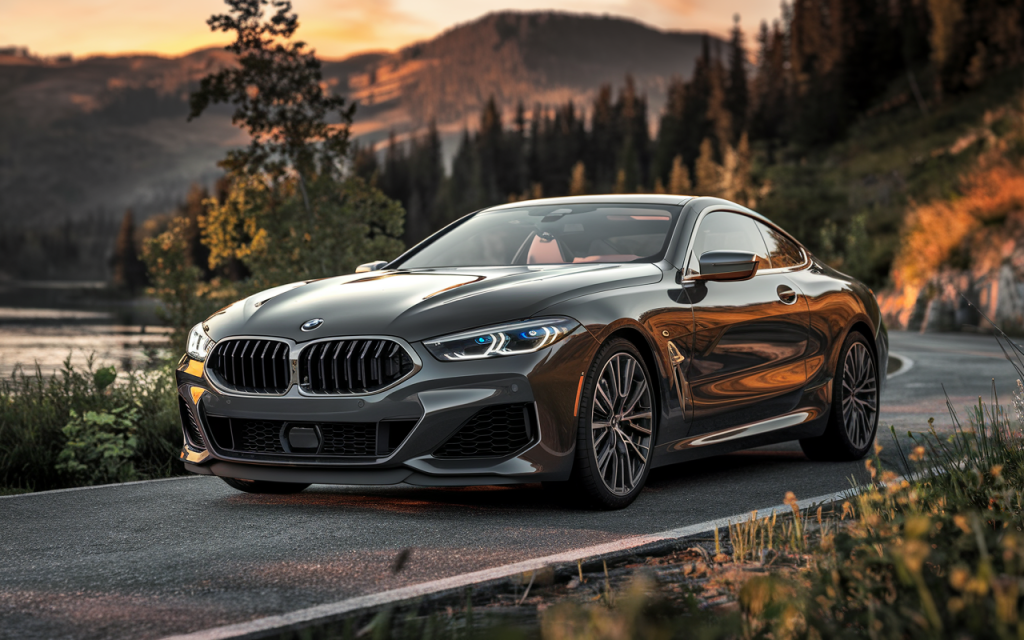 BMW Série 8 Coupé photoréaliste sur route de montagne au crépuscule