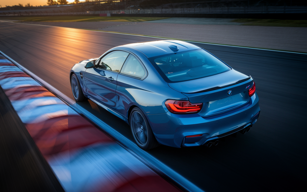 Vue du dessus d'une BMW 1M roulant sur circuit au coucher du soleil