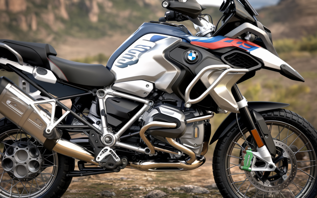 Moto BMW 1200 R GS avec équipement de voyage sur terrain accidenté