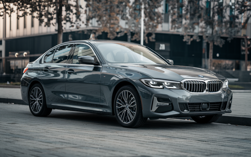 BMW Série 3 métallisée garée en ville avec phares LED