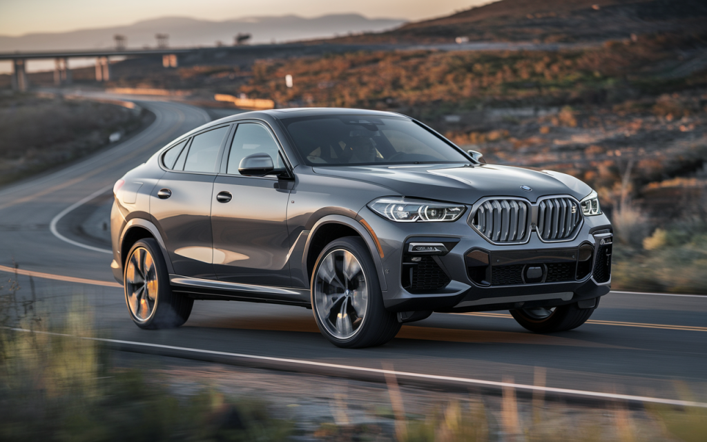 BMW X6 SUV métallique roulant sur une route pittoresque au crépuscule