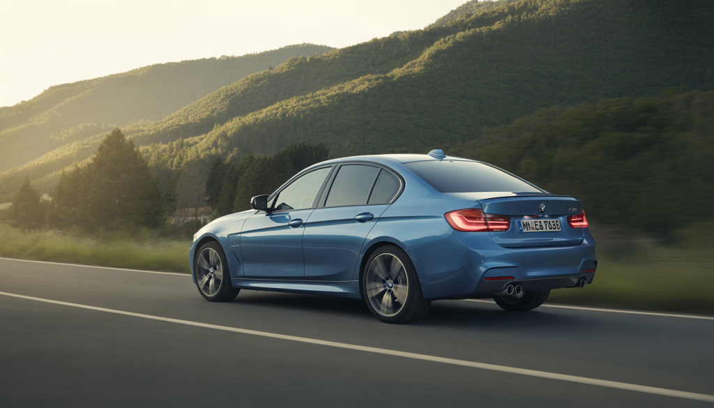 BMW Série 3 F30 Sport en mouvement sur une route panoramique