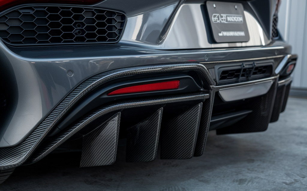 Close-up of a sports car's glossy carbon rear diffuser