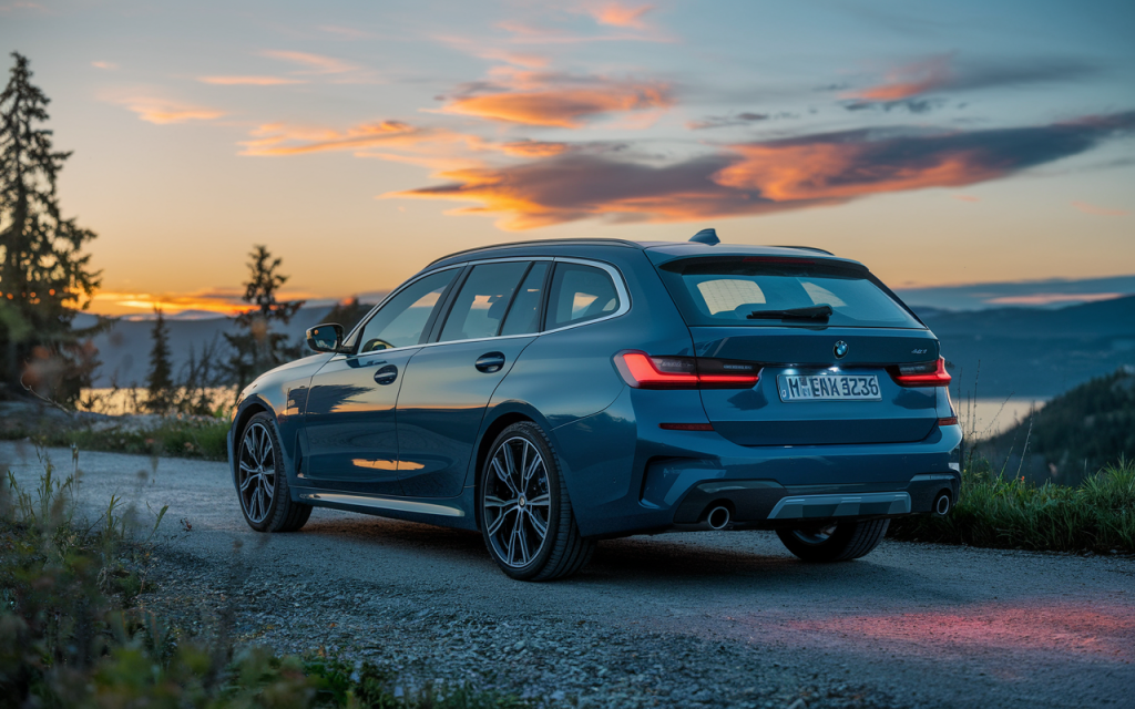 Photo réaliste d'une BMW Série 3 Touring sur route de montagne au coucher du soleil