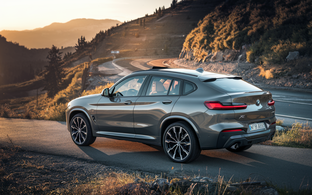 Photographie réaliste d'une BMW X4 au bord d'une route de montagne avec lumière dorée