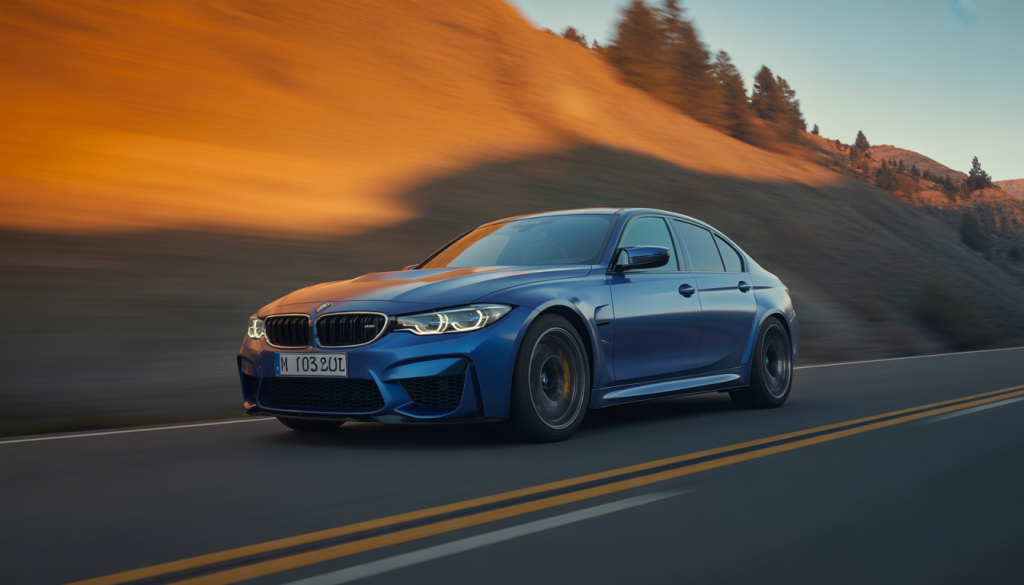 BMW F80 M3 roulant sur une route montagneuse au coucher du soleil, vue dynamique
