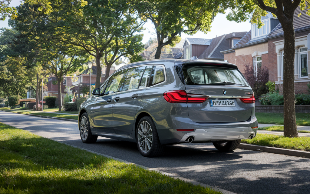 BMW Série 2 Gran Tourer stationné sur une rue de banlieue avec arbres et maisons