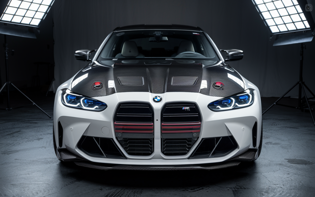 BMW M3 G80 avec capot en fibre de carbone dans un studio sombre