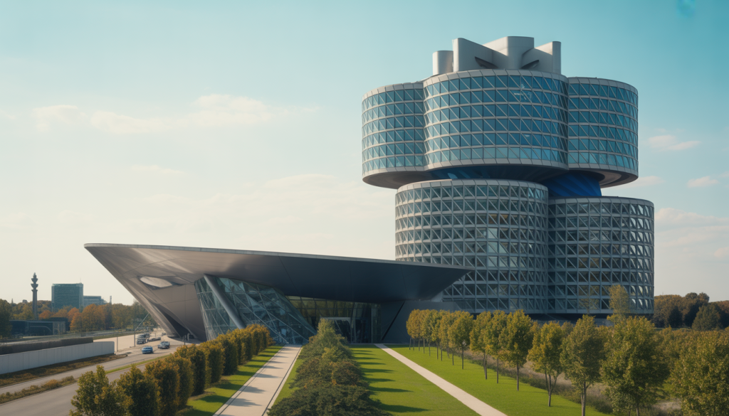 Vue extérieure du BMW Museum à Munich avec bâtiment rond futuriste et végétation