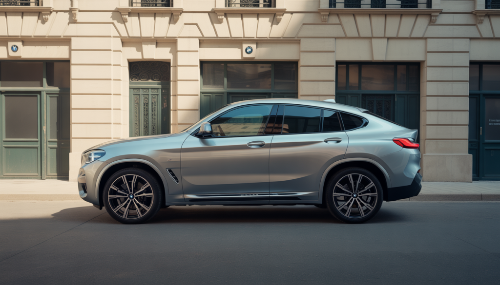 Vue latérale d’une BMW X4 d’occasion avec finition métallisée brillante et jantes alliage distinctives en milieu urbain flou
