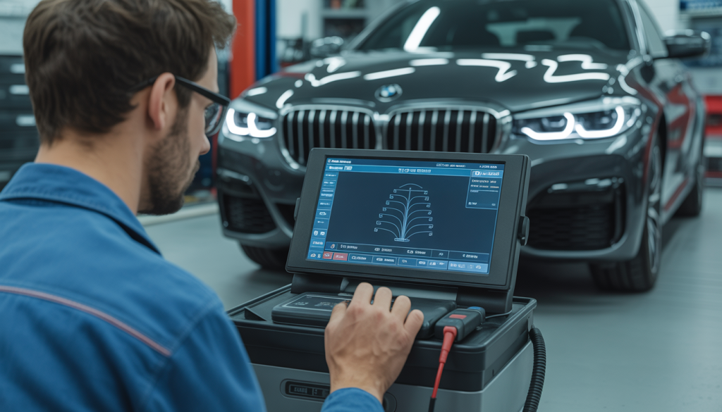 Technicien utilisant un outil de diagnostic avancé sur une BMW dans un garage moderne