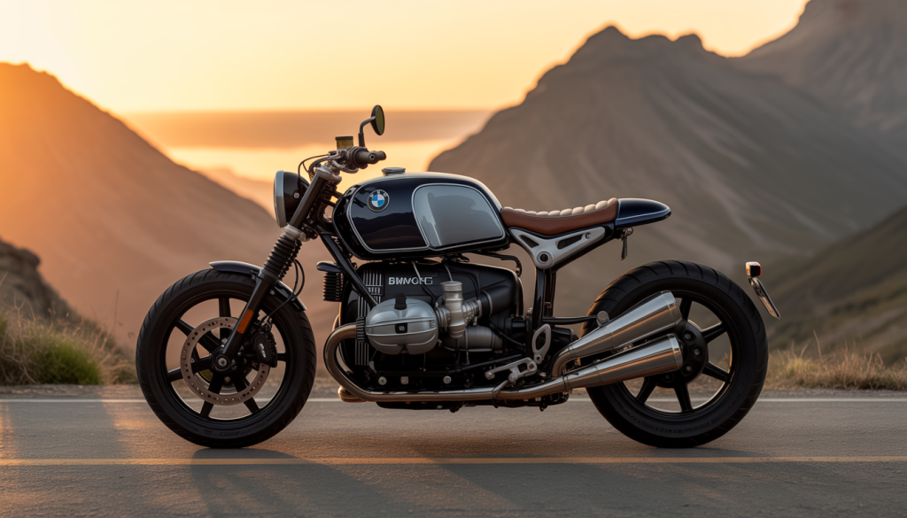 Moto BMW moderne au design épuré sur route de montagne au coucher du soleil