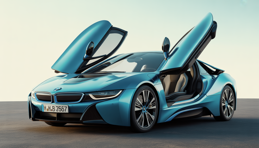 Voiture BMW i8, style photoréaliste, portes ouvertes, extérieur