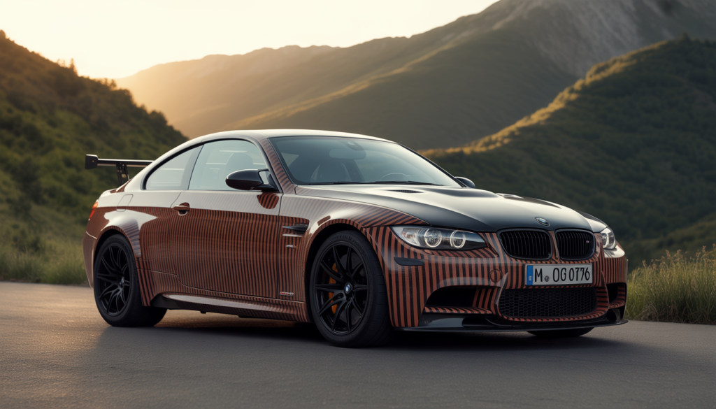 BMW M3 GTS stationnée sur une route de montagne au coucher du soleil, avec carrosserie en fibre de carbone et sièges baquet visibles