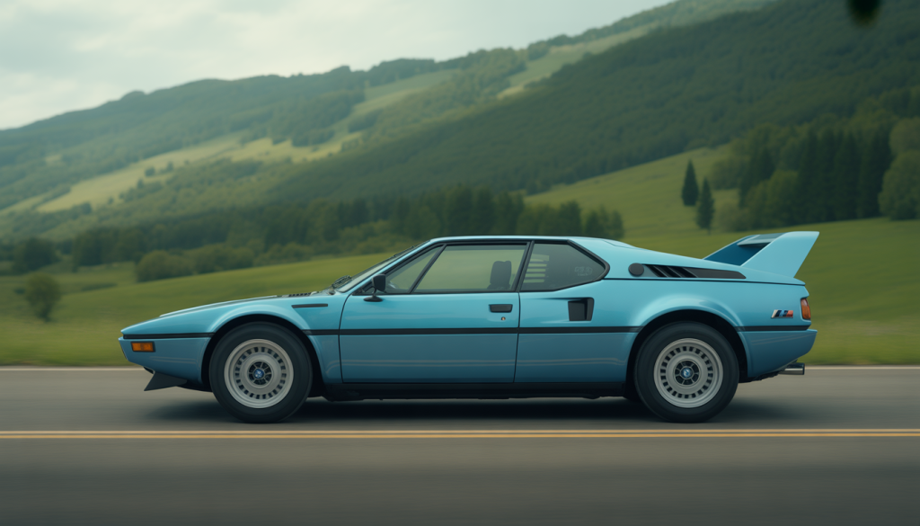Vue latérale d'une BMW M1 vintage sur une route pittoresque