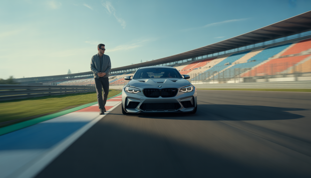 Pilote concentré dans une BMW M2 Competition sur circuit avec instructeur à ses côtés, style photoréaliste, fond flou en mouvement