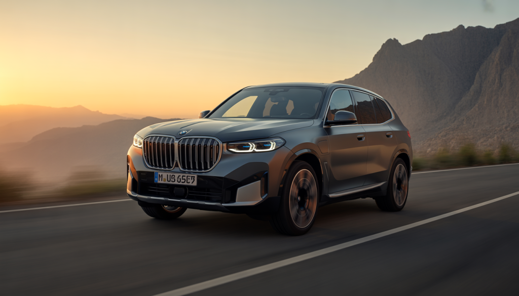 BMW X SUV sur route de montagne au coucher du soleil, angle dynamique