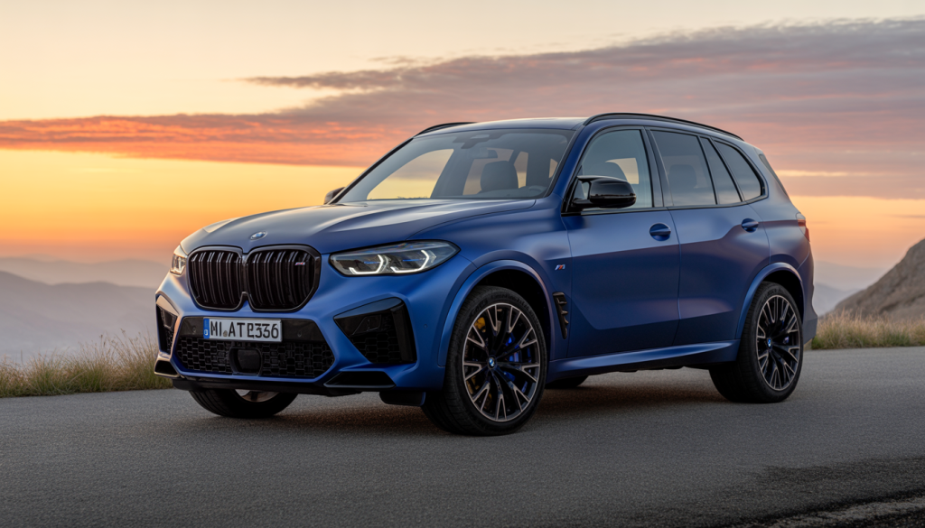 BMW X5 M Competition garée sur une route de montagne au coucher du soleil, style photoréaliste