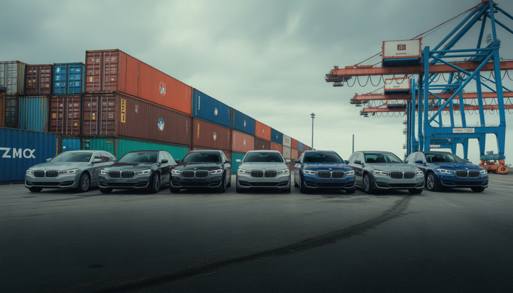 Voitures BMW neuves rangées sur un quai avec conteneurs et grues